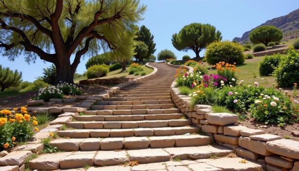 stone steps climbing a hill, flowers spilling along the edges, ancient trees arching overhead, completely deserted. photo