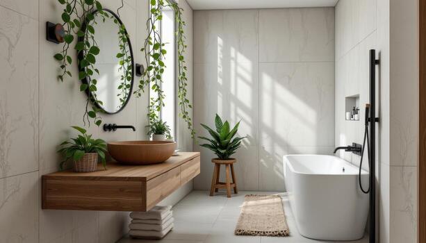 moderno escandinavo baño con de madera hundir, arrastrando plantas terminado bordes, suave difundido natural ligero. foto