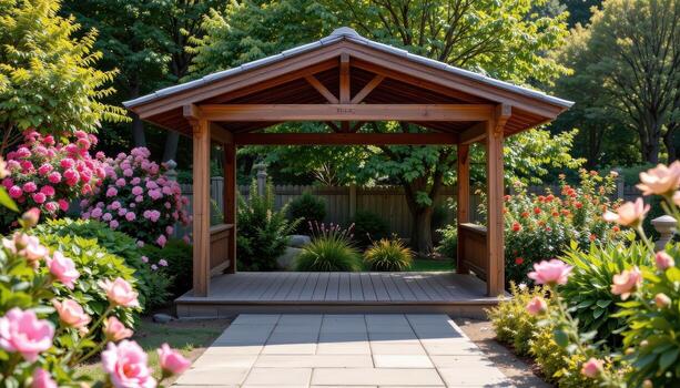 serene wooden pavilion amid flowering plants, empty space, soft sunlight, calm and tranquil resting area. photo
