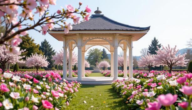 elegant pavilion in flower garden, completely empty, soft light falling on blossoms, calm and peaceful scene. photo