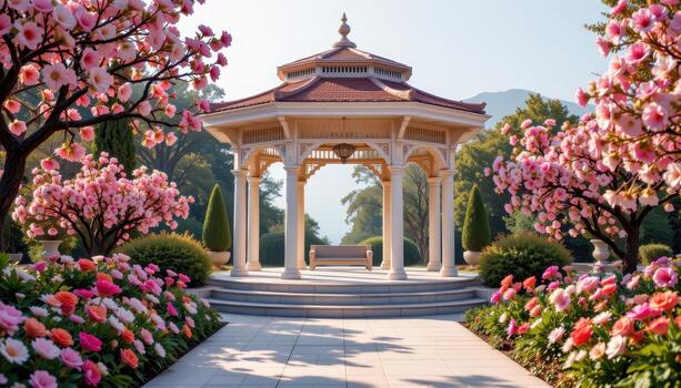 elegant pavilion with abundant flowers surrounding it, empty of any humans or animals, soft warm glow. photo