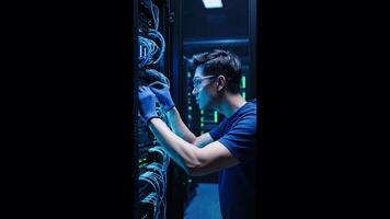 IT Technician Working with Network Cables and Servers in Data Center video