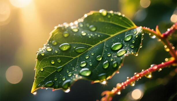 Dew Drops on Green Leaf Close Up Nature Macro Photography photo