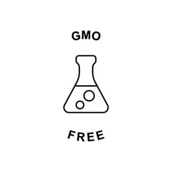GMO Free Label, a chemical flask icon with bubbles, indicating no genetically modified organisms, used for product labeling and certifications vector