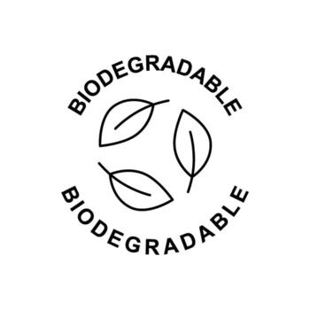 Circular logo with three leaves and the text BIODEGRADABLE repeated twice, symbolizing eco-friendly and sustainable product packaging or materials vector