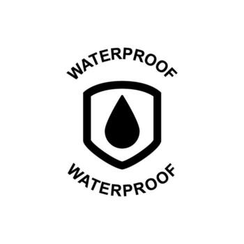 Waterproof symbol with a water drop inside a shield and surrounding text indicating its waterproof qualities and protection vector