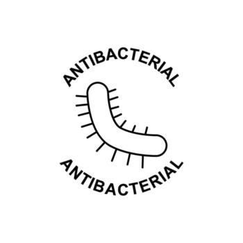 Antibacterial icon representing germ or bacteria with radiating lines indicating protection and a circular text label proclaiming antibacterial properties vector