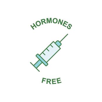 Abstract illustration symbolizing the absence of hormones, featuring a syringe icon with the text 'Hormones Free' in a clean, modern design vector