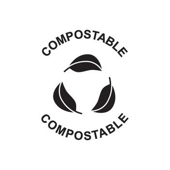 A circular graphic featuring the word compostable repeated twice and three overlapping leaves forming a recycling symbol, indicating biodegradability and environmental friendliness vector