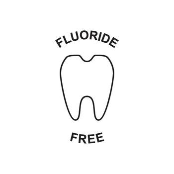 Simple graphic illustration of a tooth with the text 'FLUORIDE FREE' above and below the tooth vector