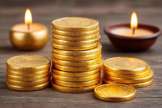 Gold coins stacked high representing wealth and prosperity with burning candles in the background photo