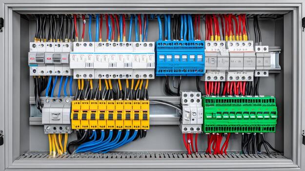 Electrical cabinet showing colorful wires, circuit breakers, and terminal blocks photo