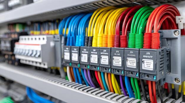 Electrical panel showing colorful wires, circuit breakers, and terminal blocks photo