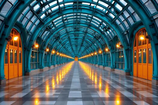 Illuminated turquoise archway creating stunning perspective in modern architecture photo