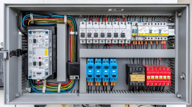 Electrical panel showing circuit breakers, wiring, and components managing power distribution photo