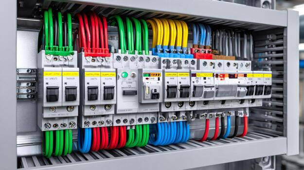 Electrical panel with circuit breakers and colorful wires showing power distribution photo