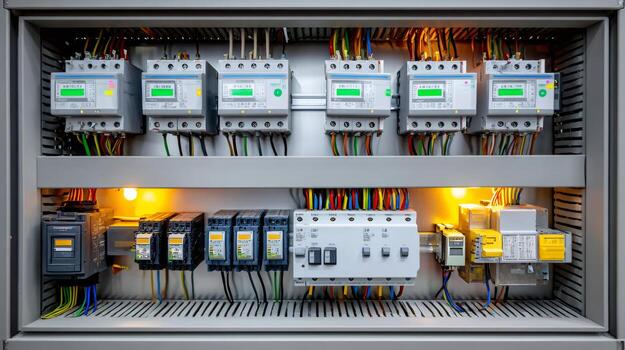 Electrical cabinet showing multiple circuit breakers and wiring photo