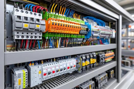 Electrical cabinet showing colorful wires and circuit breakers in a data center. . photo