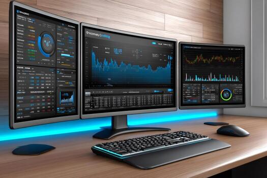 Financial trading workspace with multiple computer screens displaying data photo