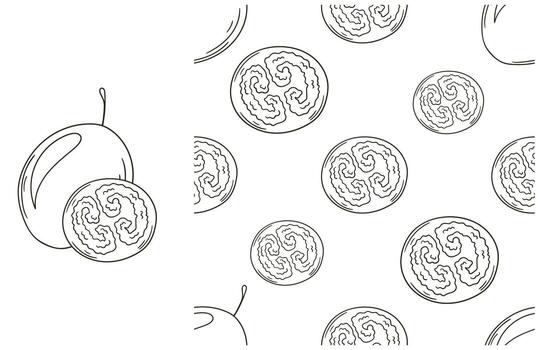 A drawing of a spiral pattern and a drawing of a fruit vector