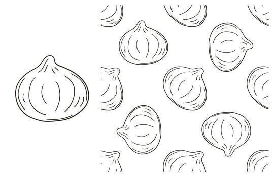 A pattern of garlic cloves and a line drawing of a bulb vector