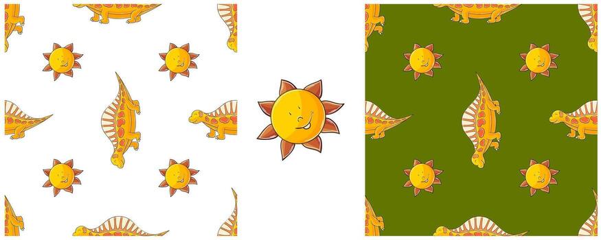 A set of patterns with dinosaurs and suns vector