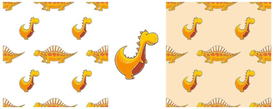 un conjunto de sin costura patrones con dibujos animados dinosaurios vector