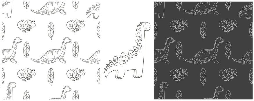 a set of seamless patterns with dinosaurs and leaves vector