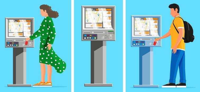 People using interactive kiosks for navigation vector
