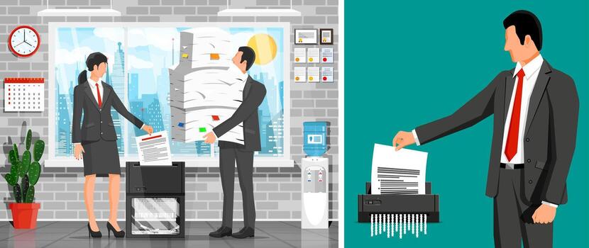 Business professionals managing paperwork in office vector