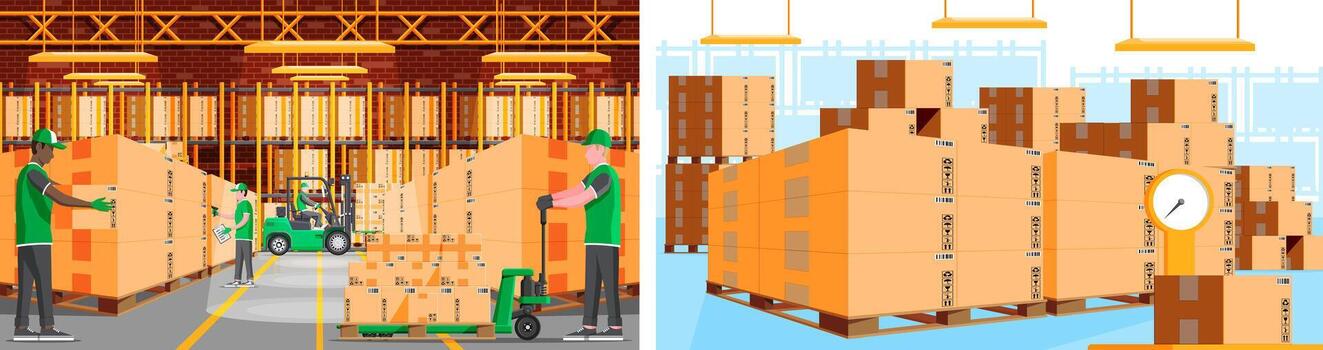 Warehouse workers managing cardboard boxes vector