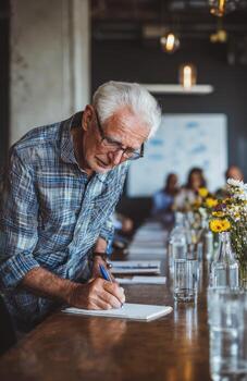 Senior manager taking notes during a business meeting photo