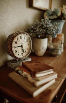 Vintage clock showing time passing by, with books and dried flowers on wooden shelf photo