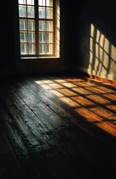 Sunlight illuminating old wooden floor through window, creating shadows photo