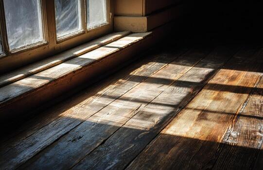 Sunlight casting shadows on old wooden floor through window photo
