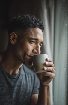 Serene man enjoying hot beverage by window, contemplating the view photo