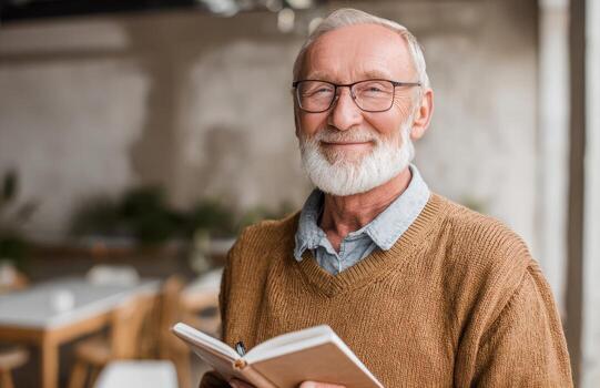 Smiling senior professor holding a book and pen in university cafeteria photo