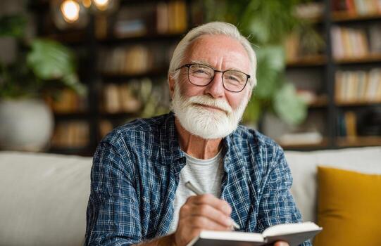 Smiling senior man writing notes in notebook at home library photo