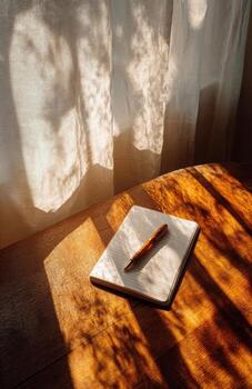 Notebook and pen resting on wooden table in sunlight by window photo