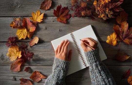 Woman writing on notebook surrounded by autumn leaves on rustic wooden table photo