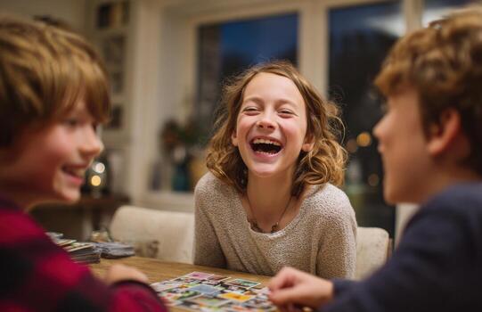 Children playing board game, laughing and having fun at home photo