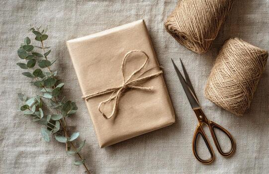 Gift wrapping with brown paper, twine, and eucalyptus photo
