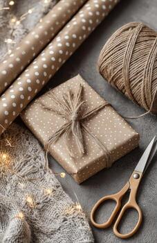 Gift wrapping presents with twine and polka dot paper photo