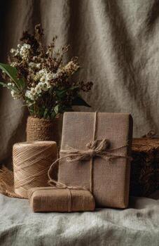 Gifts wrapped in burlap with twine and dried flowers photo