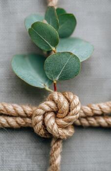 Rustic gift wrapping with eucalyptus branch and rope knot photo
