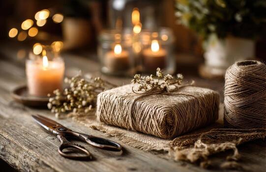 Rustic gift wrapping with twine and dried flowers photo