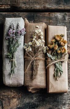 Rustic gifts wrapped in burlap and craft paper with dried flowers photo