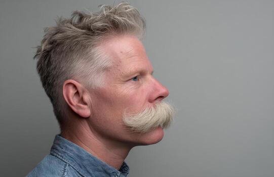Senior man showing stylish handlebar mustache in profile photo