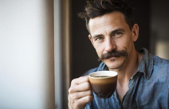 Man with mustache drinking coffee looking at camera photo
