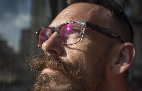 Man looking up reflecting with sunlight on glasses photo